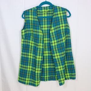 Vintage Handmade Wool Plaid Vest Green Blue Tartan Open Front Longline